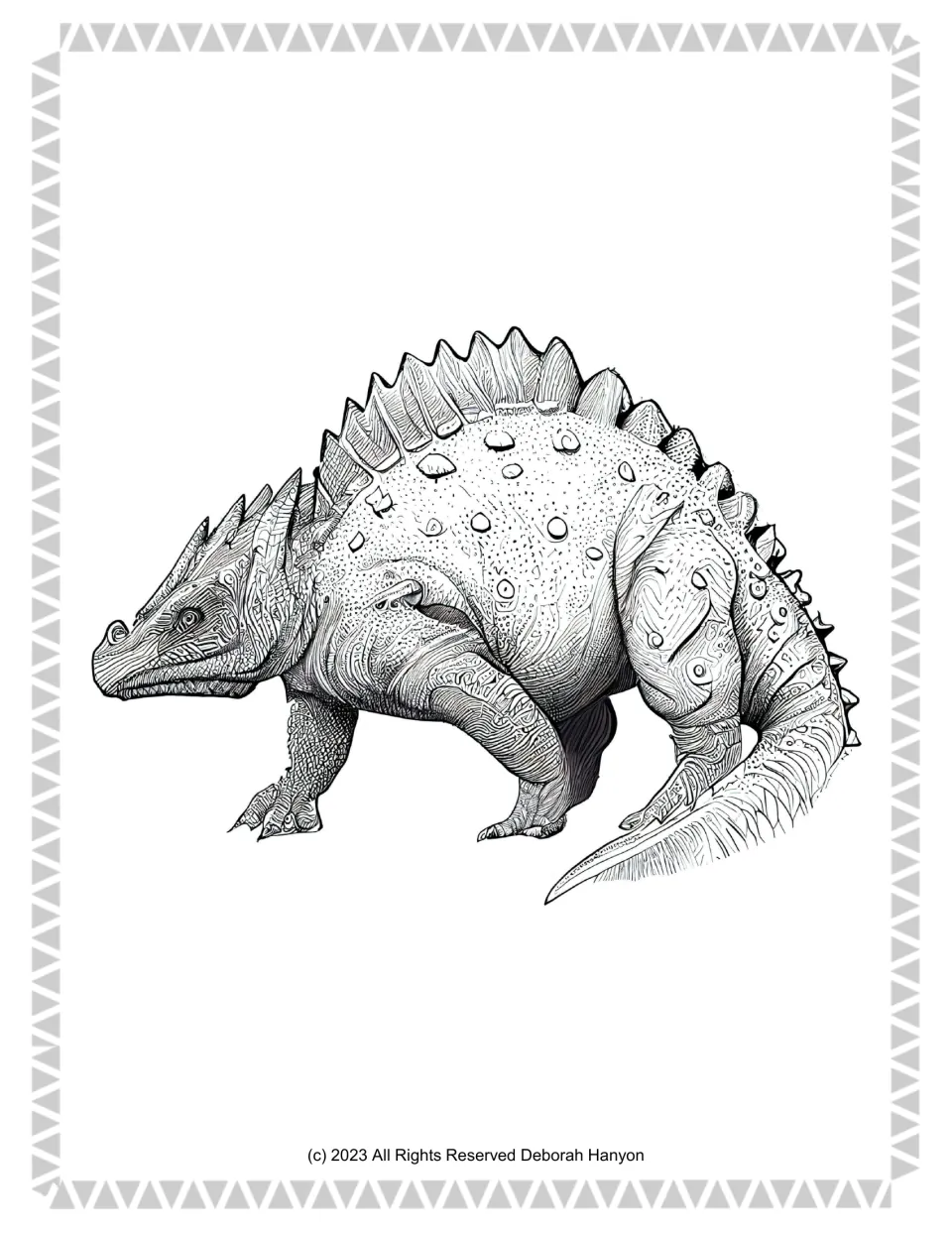 Ankylosaurus colouring page: students colour a hunched, heavily patterned dinosaur with a spiked ridge and long tapering tail
