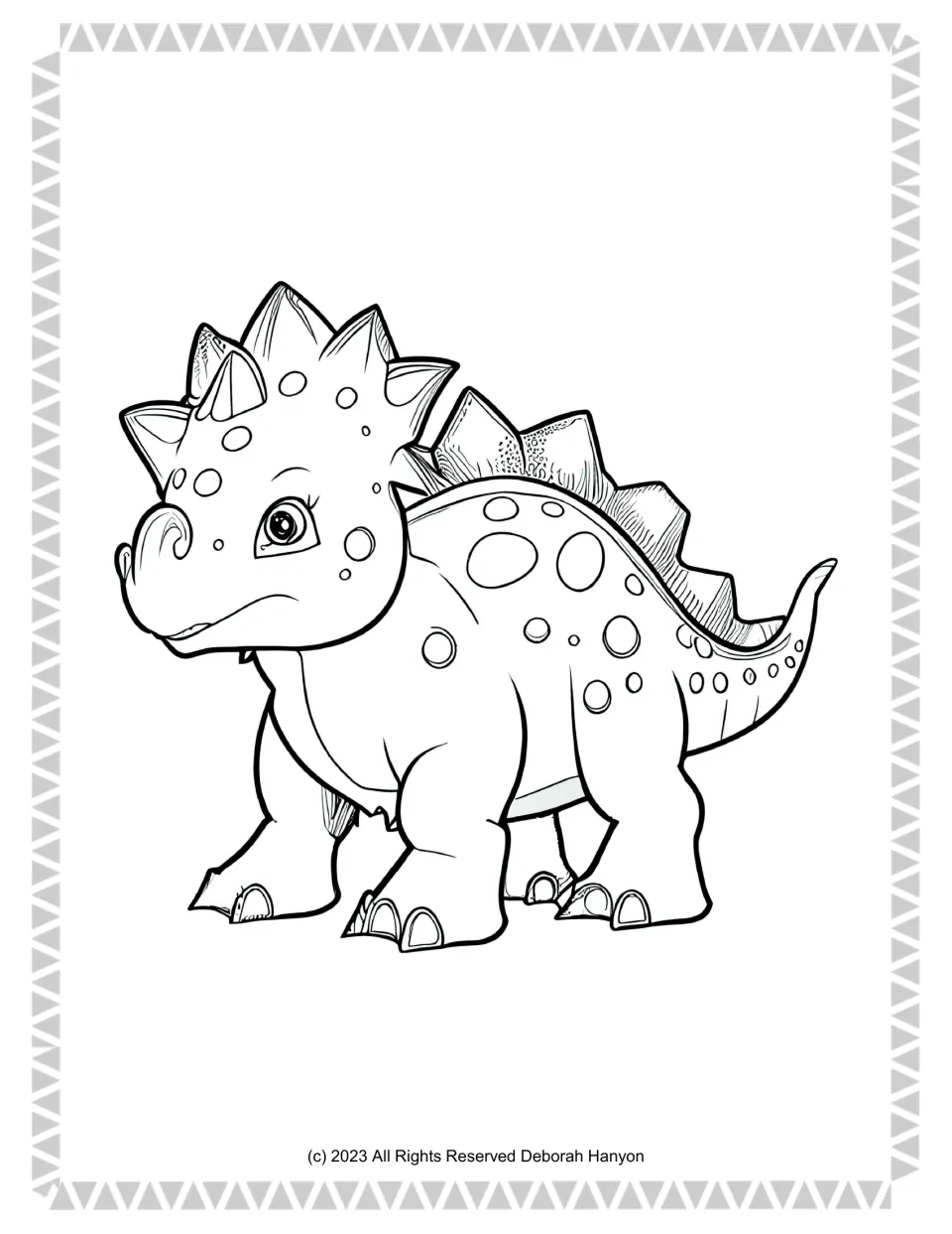 Cartoon ankylosaurus colouring page: students colour a cute baby dinosaur with big eyes, spots and back spikes in bold outlines