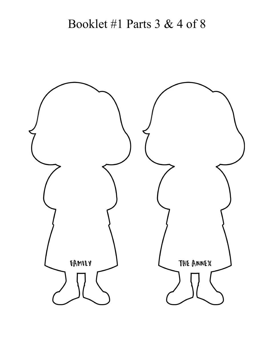 Facts booklet parts 3 and 4: two blank cut-out figure pages labeled Family and The Annex for writing about Anne's life