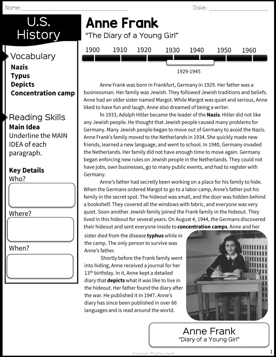 Anne Frank passage with 1929-1945 timeline and photo; students underline each main idea and note who, where and when