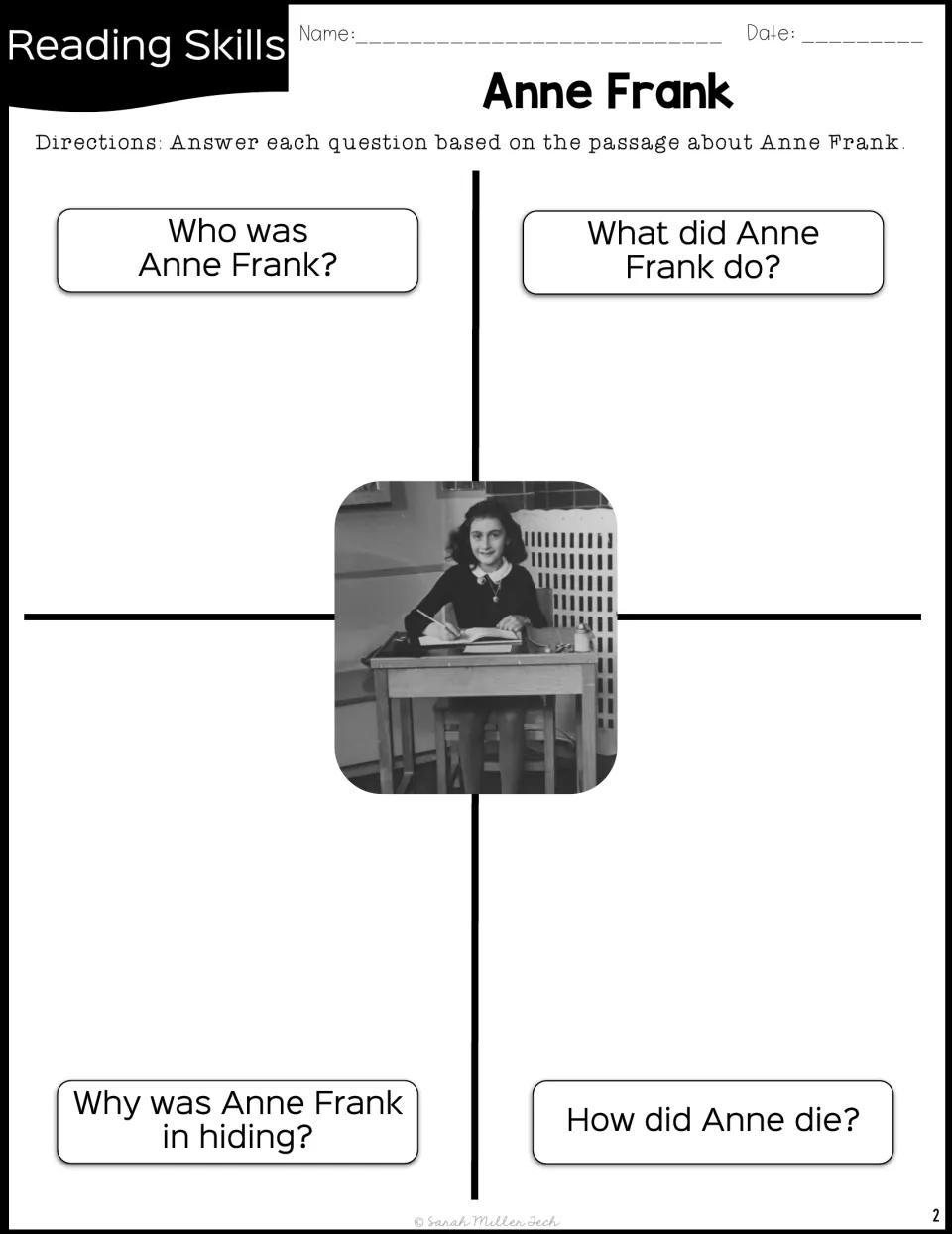 Anne Frank four-question organizer: students answer who she was, what she did, why she hid and how she died