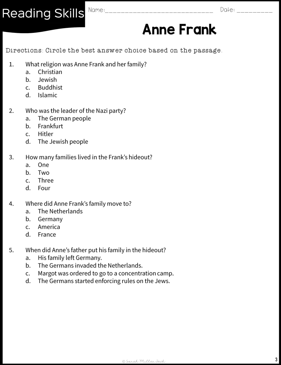 Questions 1-5 on Anne Frank: students circle answers about her religion, Hitler, the hideout and the family's move