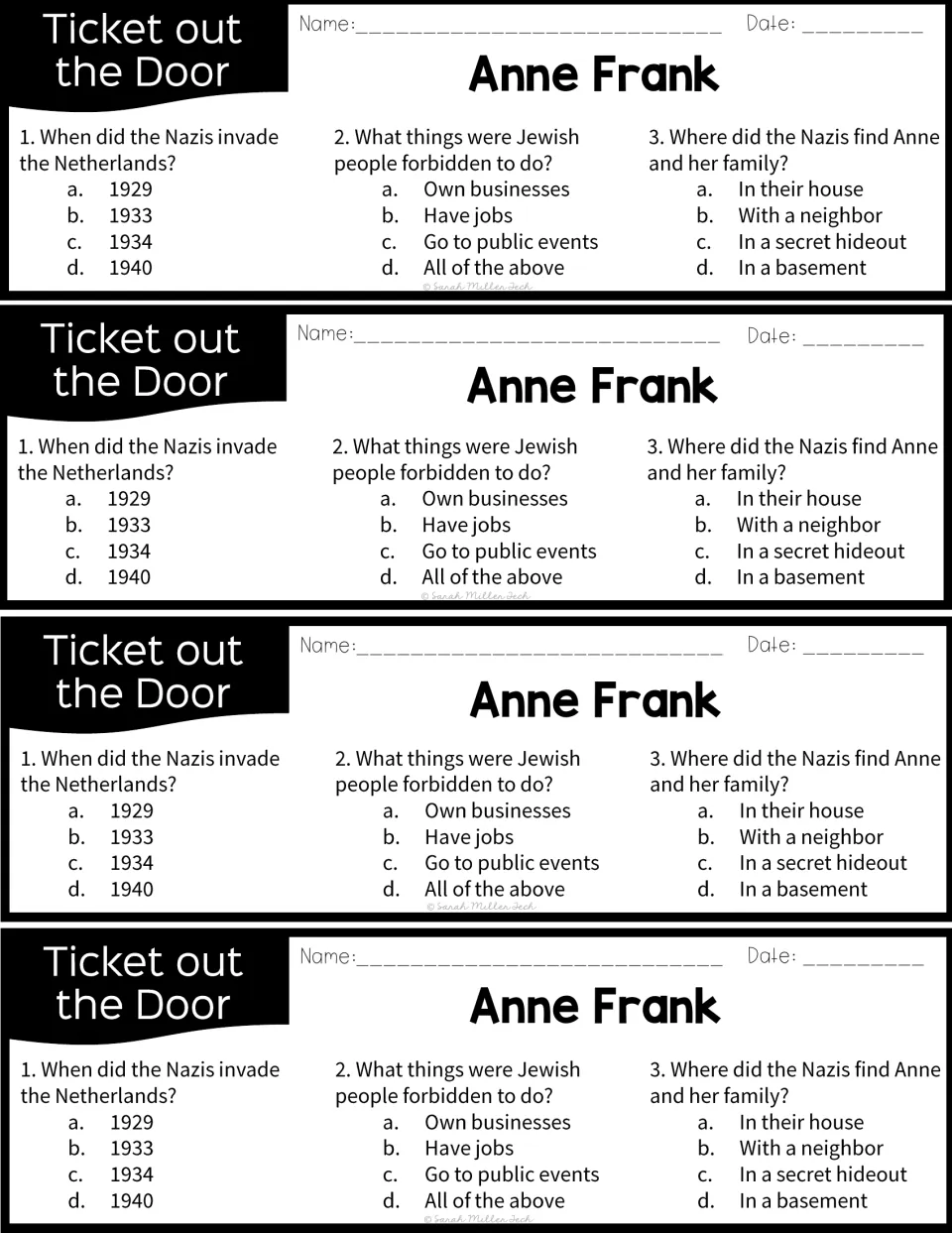 Four Ticket out the Door slips, each with three questions on the Nazi invasion, Jewish restrictions and the hideout