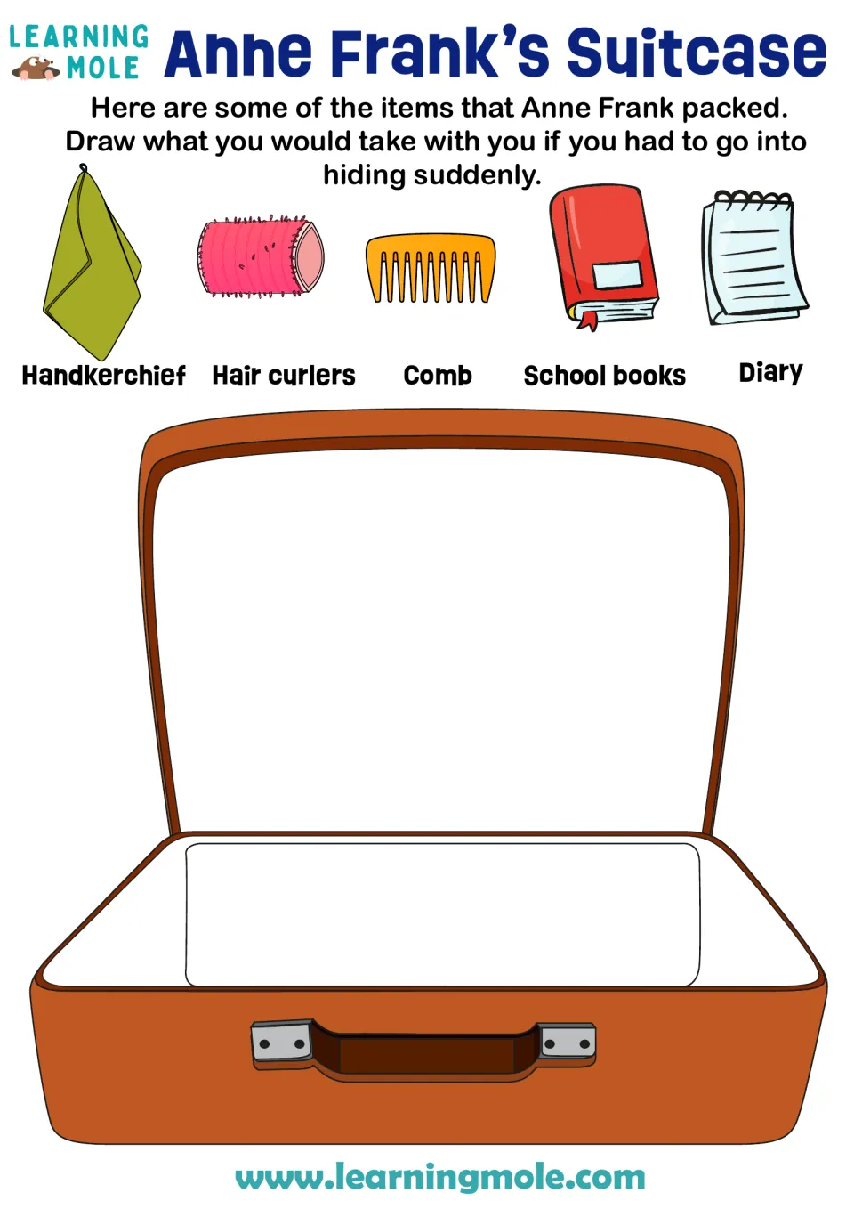 Items Anne Frank packed, like her diary, comb and school books; students draw what they'd take into hiding in a suitcase