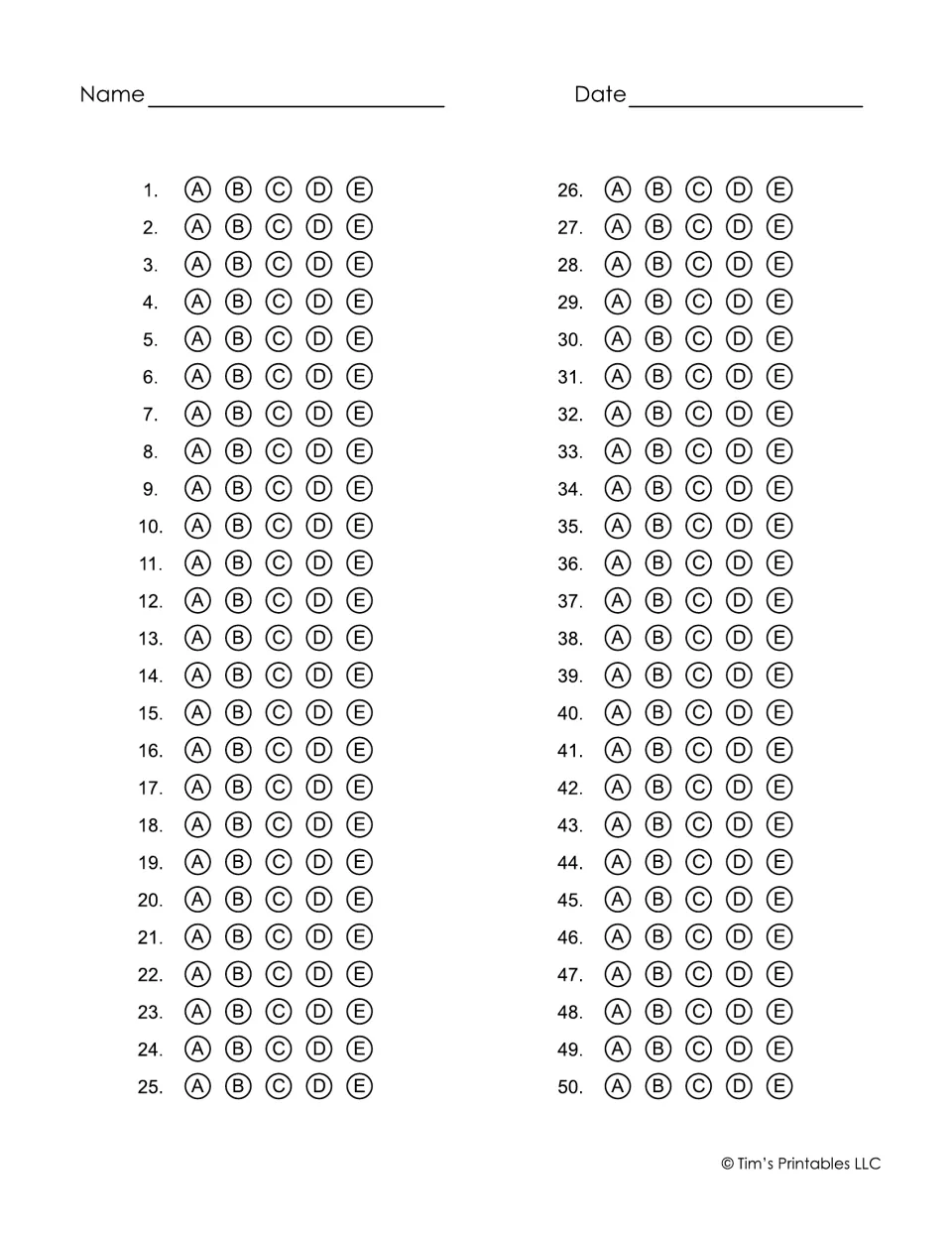Multiple-choice answer sheet for 50 questions: students fill in bubble A, B, C, D or E for each item, with name and date
