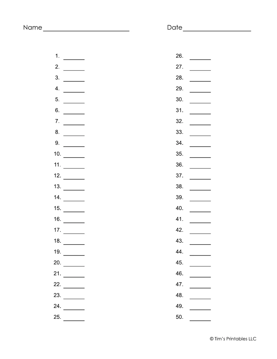 Short-answer response sheet for 50 numbered questions: students write each answer beside its number, with name and date