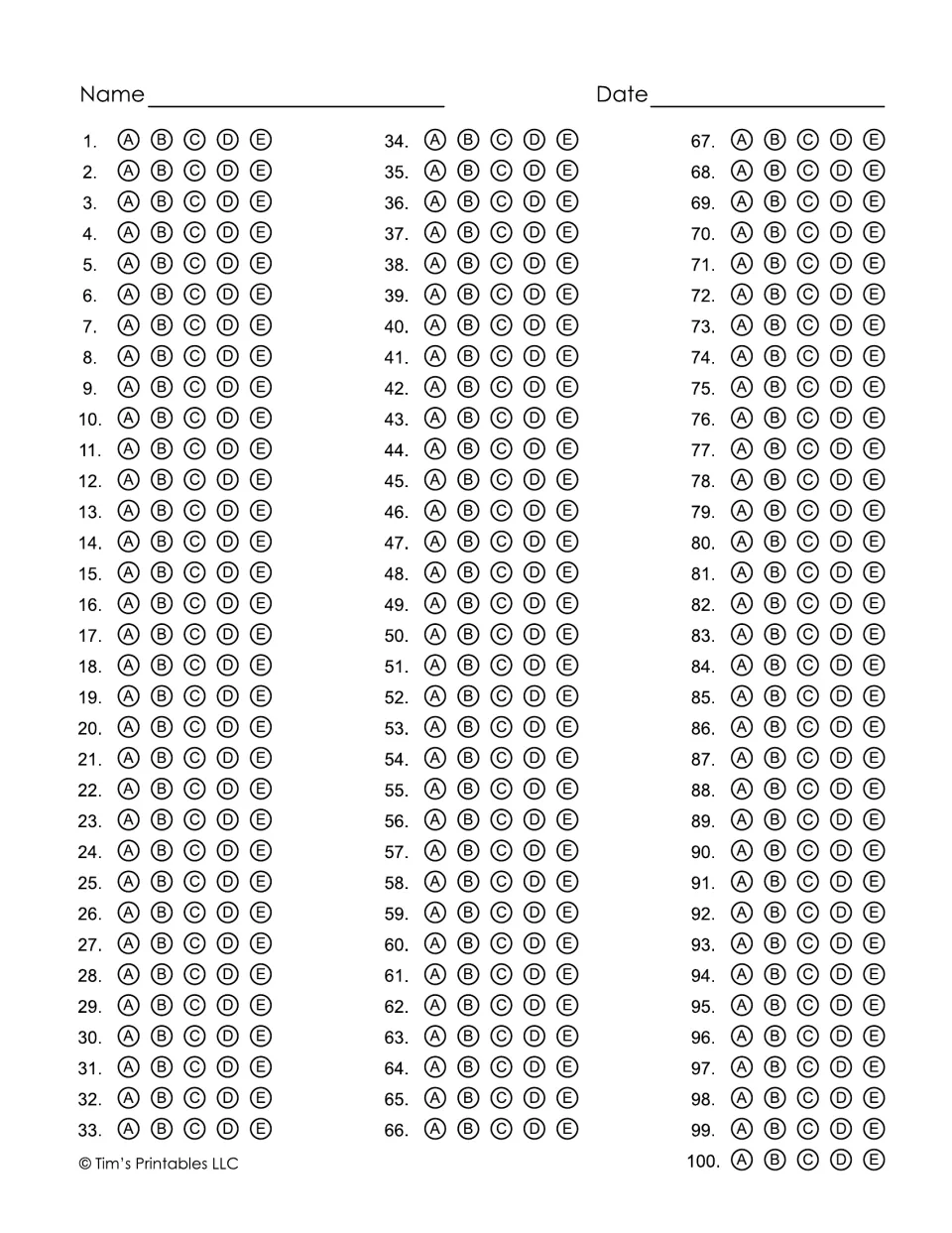 Multiple-choice bubble sheet for 100 questions: students mark A, B, C, D or E for each numbered item, with name and date