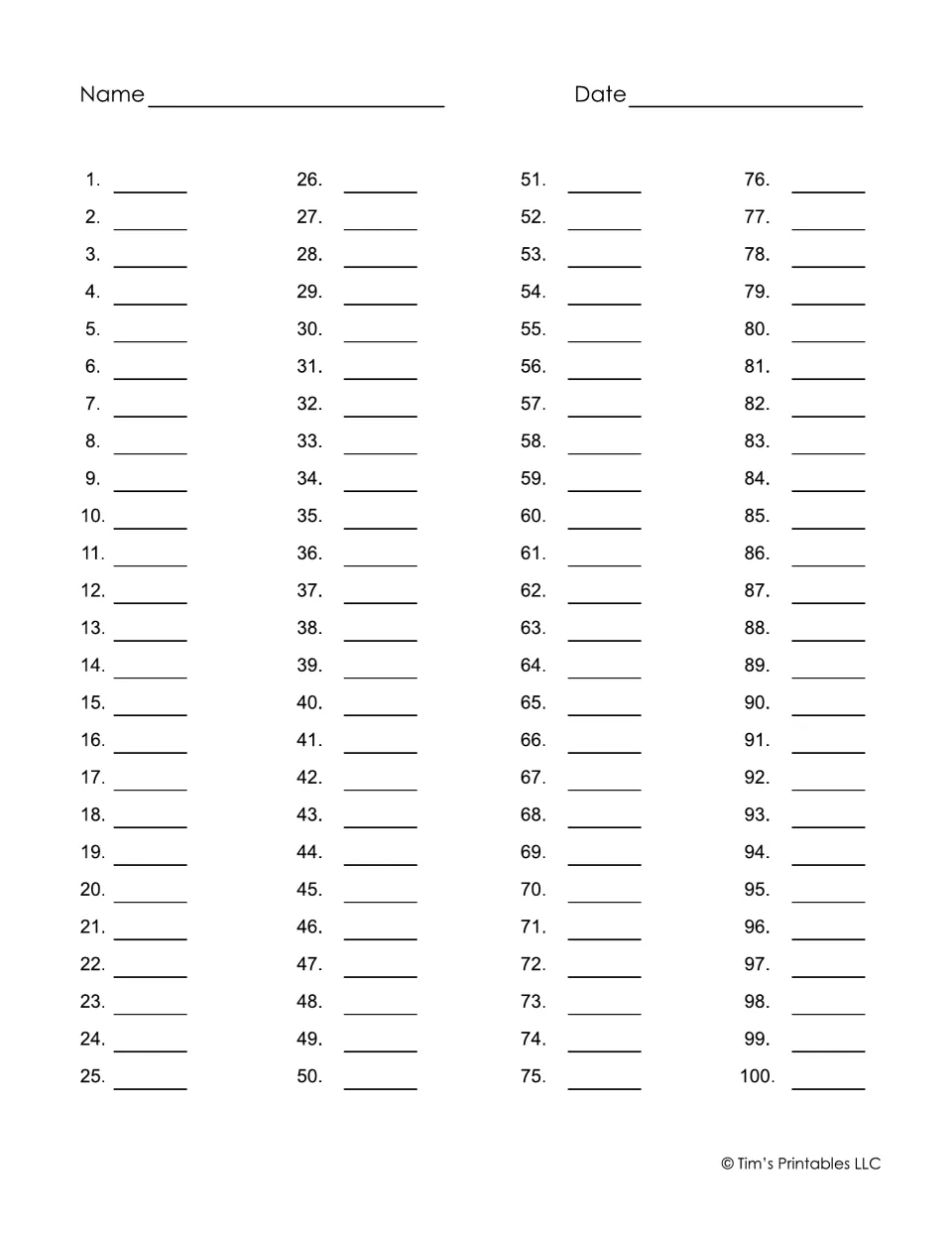 Response sheet for 100 numbered questions: students write a short answer beside each number, with name and date at top