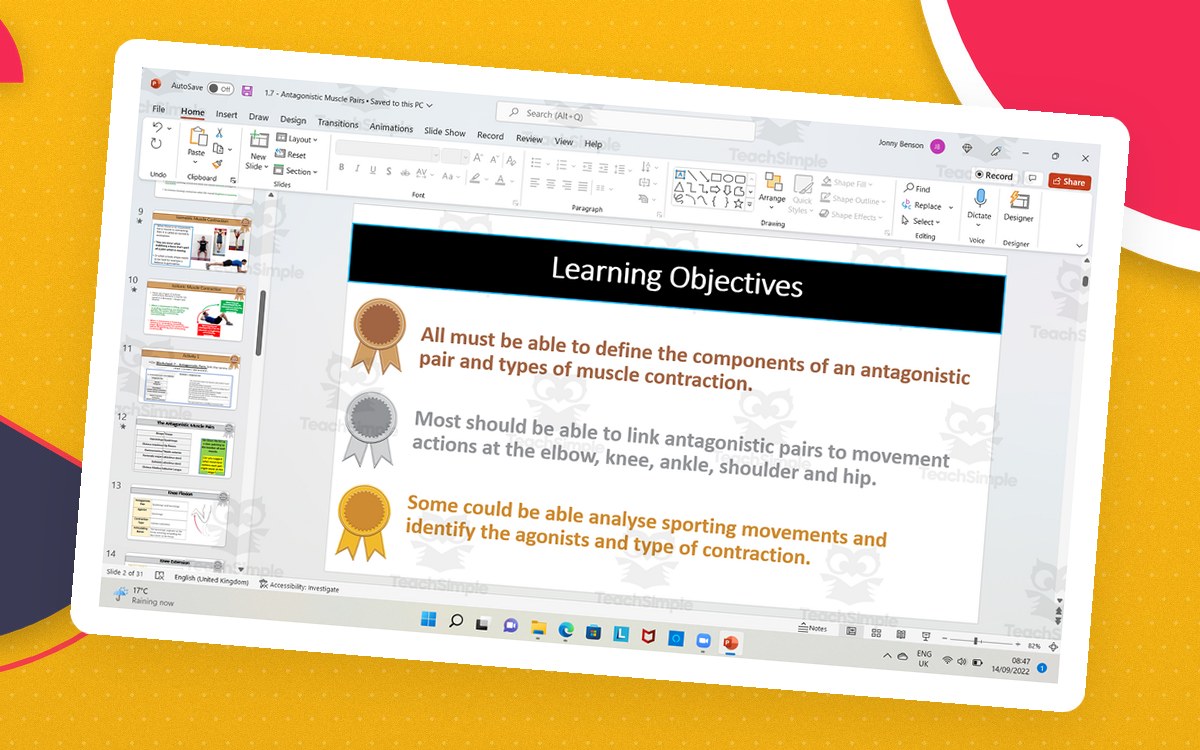PowerPoint editing screenshot showing an Antagonistic Muscle Pairs learning-objectives slide.
