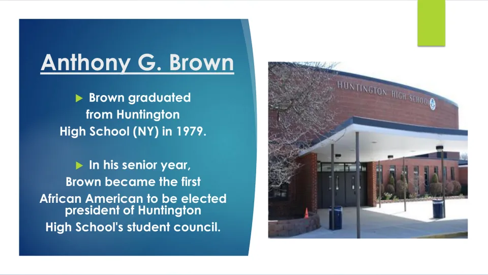 Biography slide covering Brown’s 1979 high school graduation and election as student council president