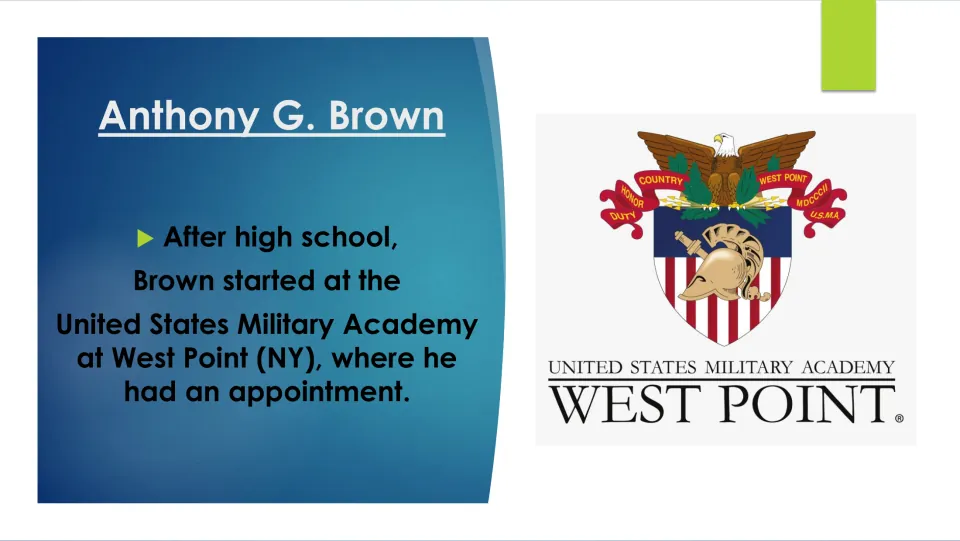 Education biography slide explaining that Brown started at the United States Military Academy at West Point
