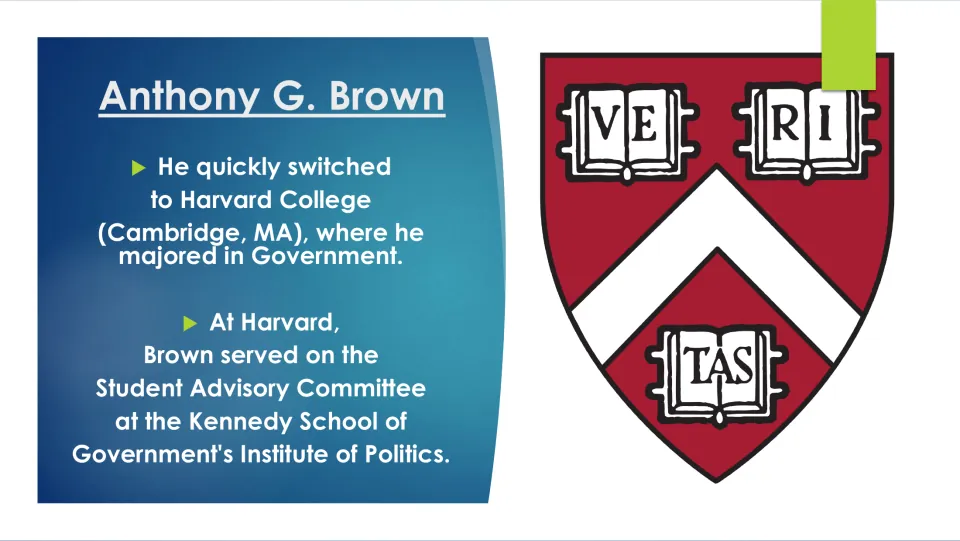 Biography slide on Brown’s move to Harvard College, government major, and student advisory committee service