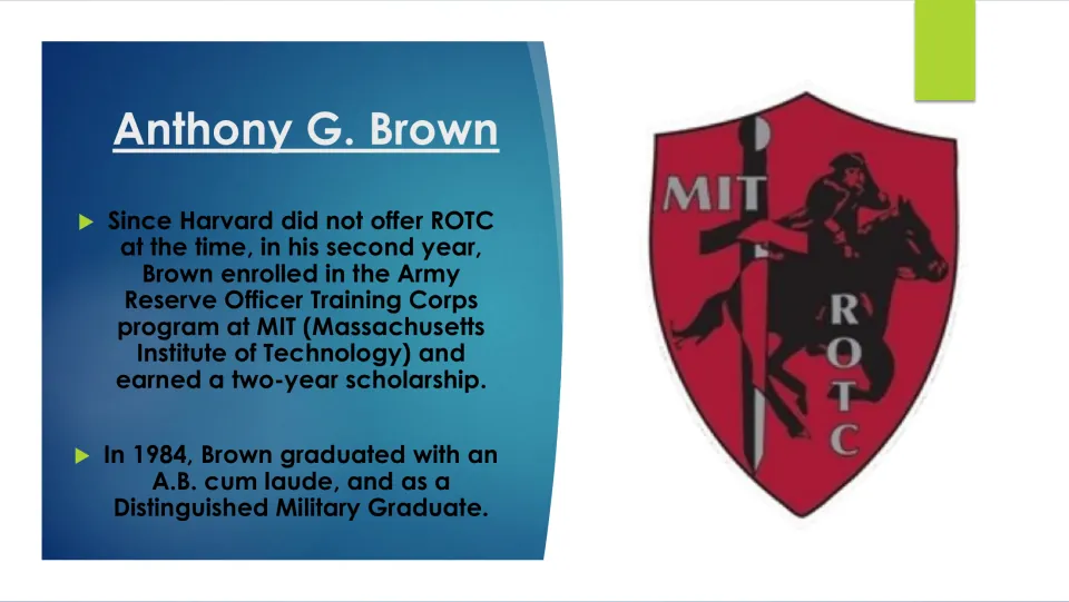 Biography slide covering Brown’s Army ROTC scholarship at MIT and his 1984 graduation with military honors