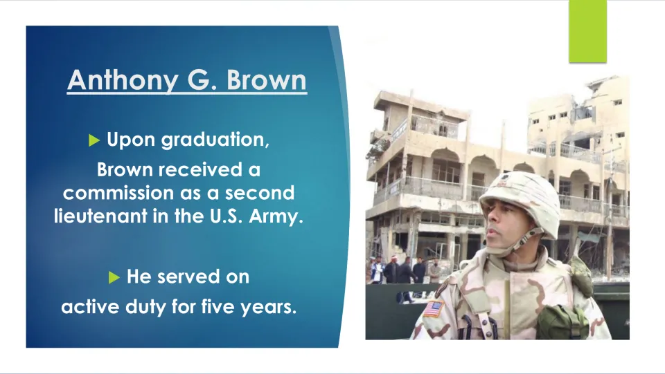 Military biography slide stating Brown became a U.S. Army second lieutenant and served five years on active duty