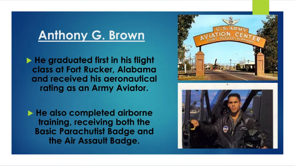 Military biography slide on Brown’s first-place flight school finish at Fort Rucker and airborne training badges