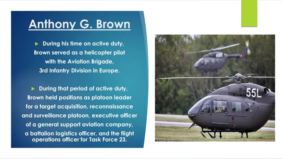 Military biography slide describing Brown’s helicopter pilot service in Europe and Army leadership positions