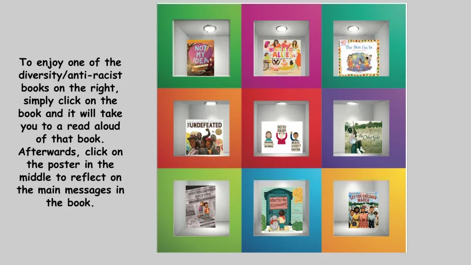 Diversity bookshelf: students click a book like The Undefeated for its read aloud, then the center poster to reflect