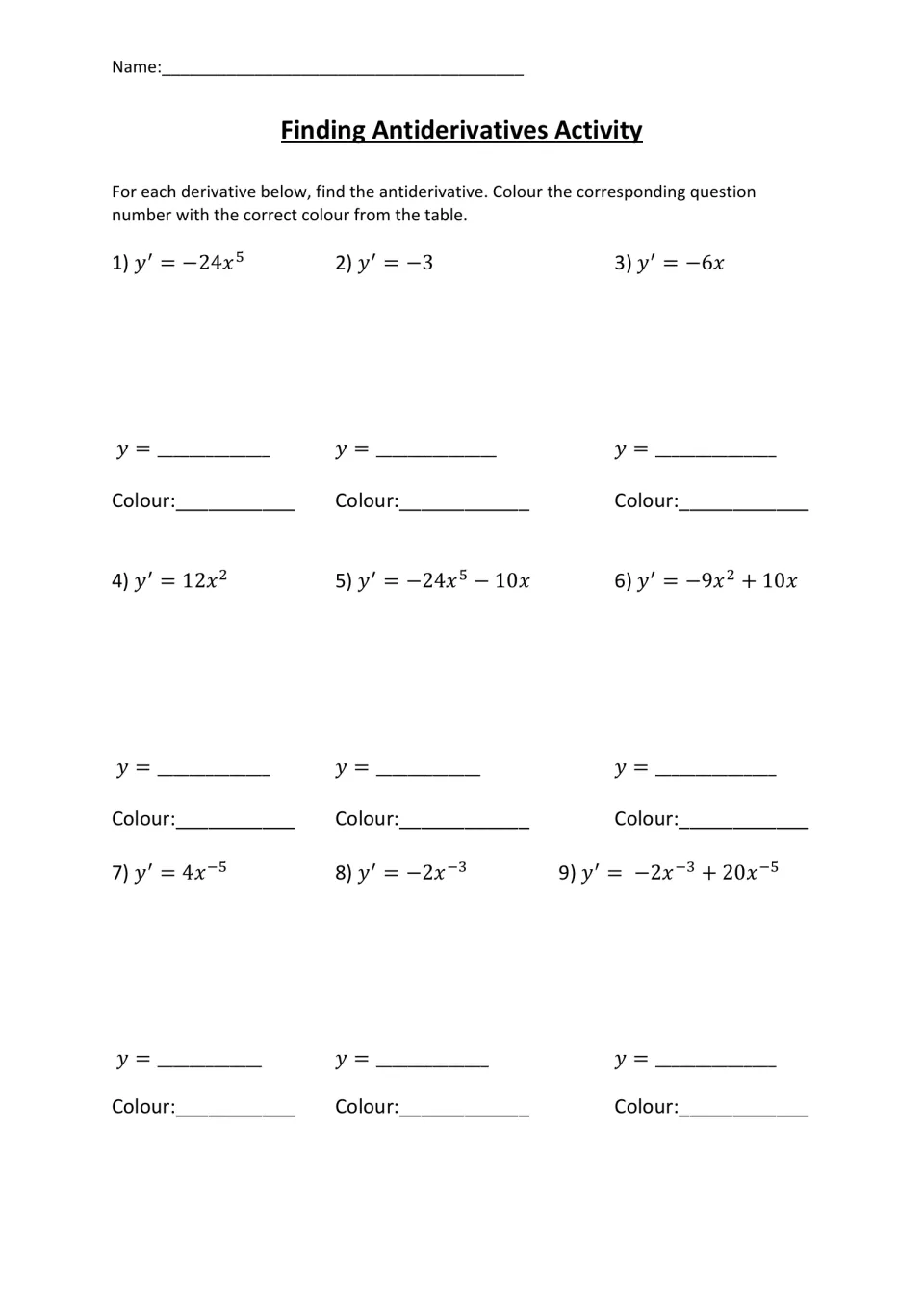 Finding antiderivatives: students integrate 9 power-rule derivatives, then write the matching colour from the table