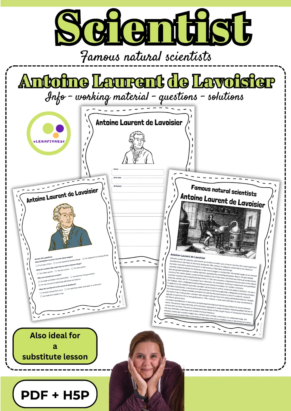 Cover of the Lavoisier science packet showing biography, profile, and quiz samples in PDF and H5P formats