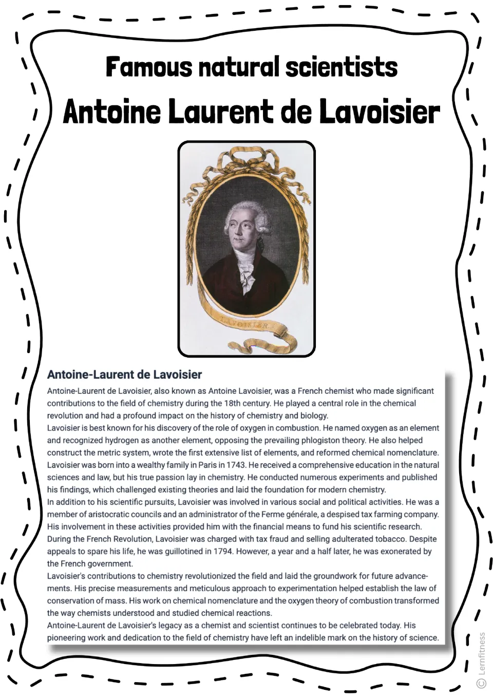 Lavoisier biography reading on oxygen, conservation of mass, and his life, illustrated with a portrait
