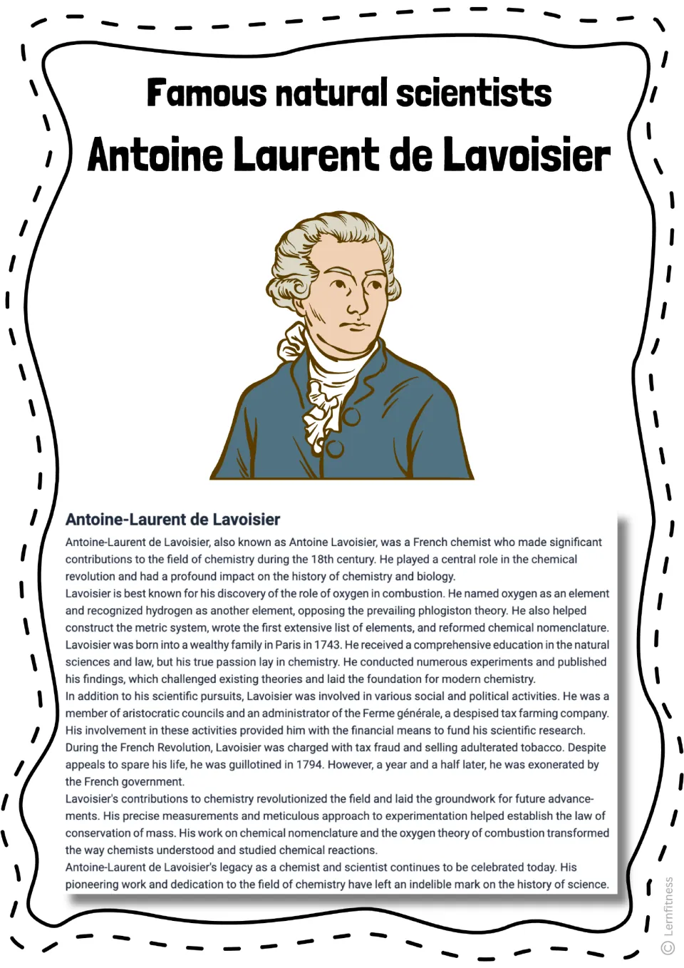 Lavoisier biography reading on his life and chemistry contributions, paired with a color illustration