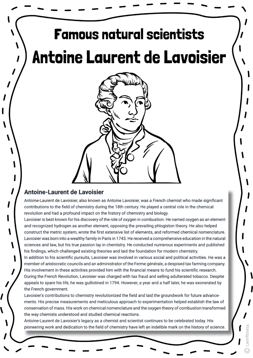 Lavoisier biography reading on oxygen and chemical naming, paired with a black-and-white illustration
