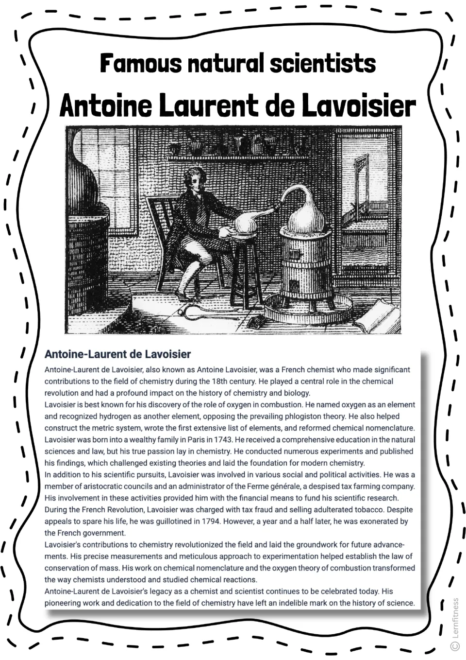 Lavoisier biography reading on his life, experiments, and scientific legacy, with a laboratory engraving