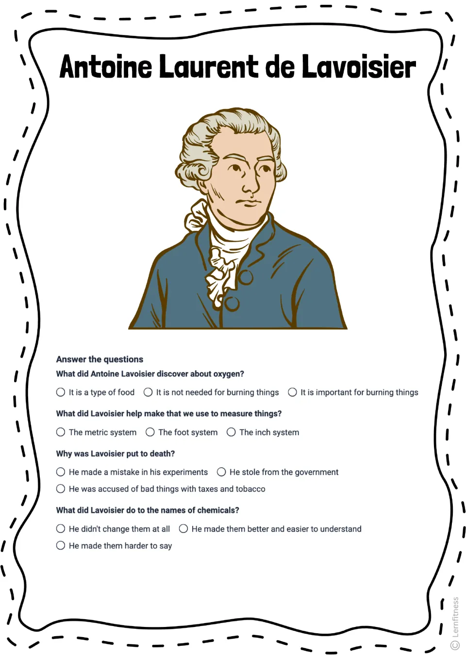 Lavoisier four-question quiz on oxygen, measurement, his execution, and chemical names, with a color portrait