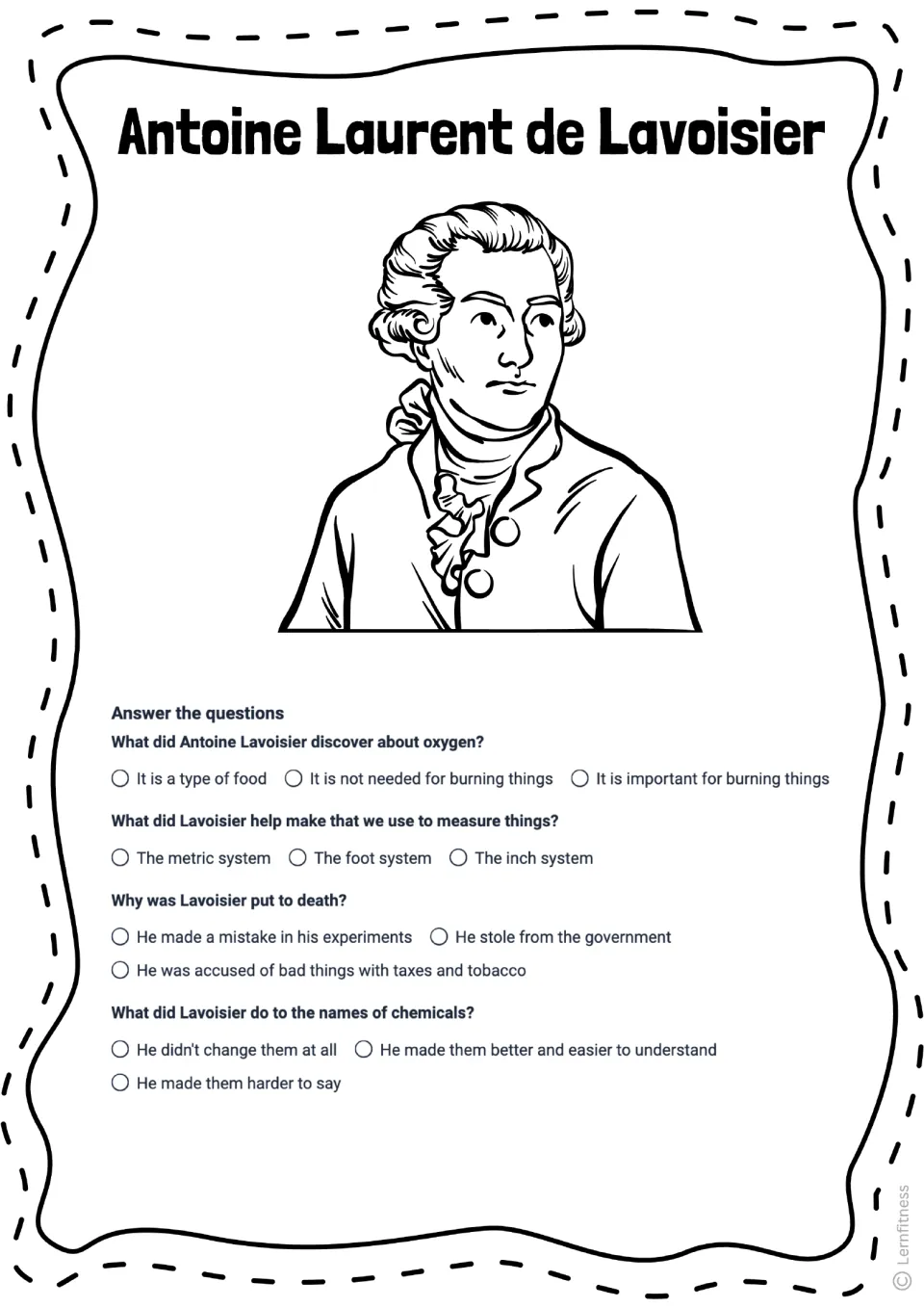 Lavoisier four-question quiz on oxygen, the metric system, his death, and chemical names, with an outline portrait