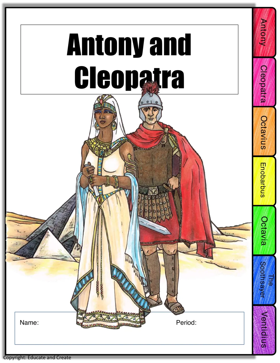 Antony and Cleopatra flipbook cover with color tabs for Antony, Cleopatra, Octavius, Enobarbus, Octavia and two more