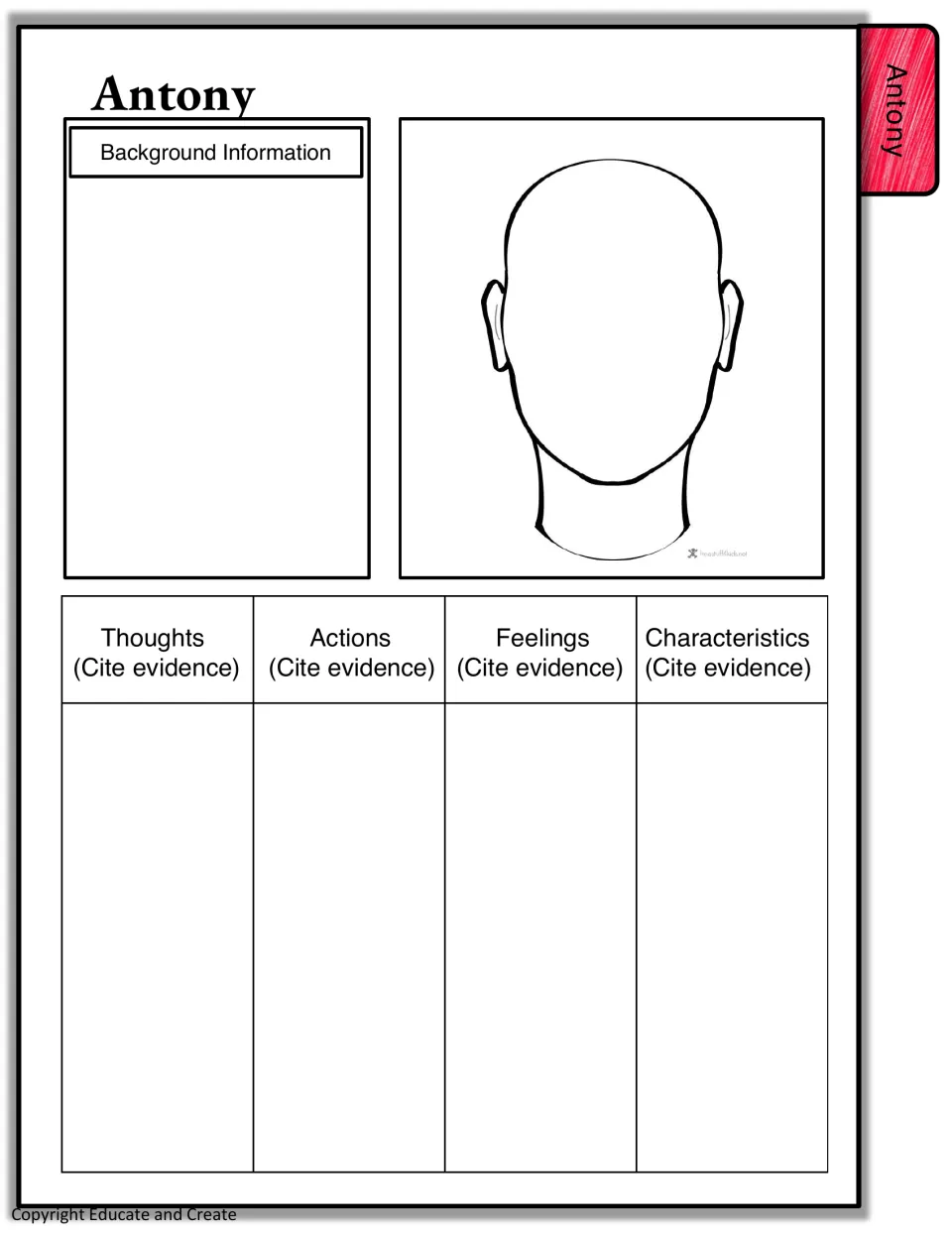 Antony character page: students note background, sketch his face and cite evidence of his thoughts and actions
