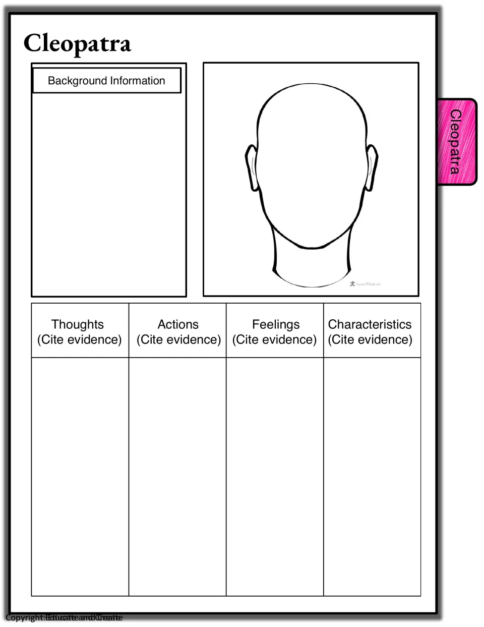 Cleopatra characterization: students note her background, draw her portrait and cite evidence of her feelings and traits