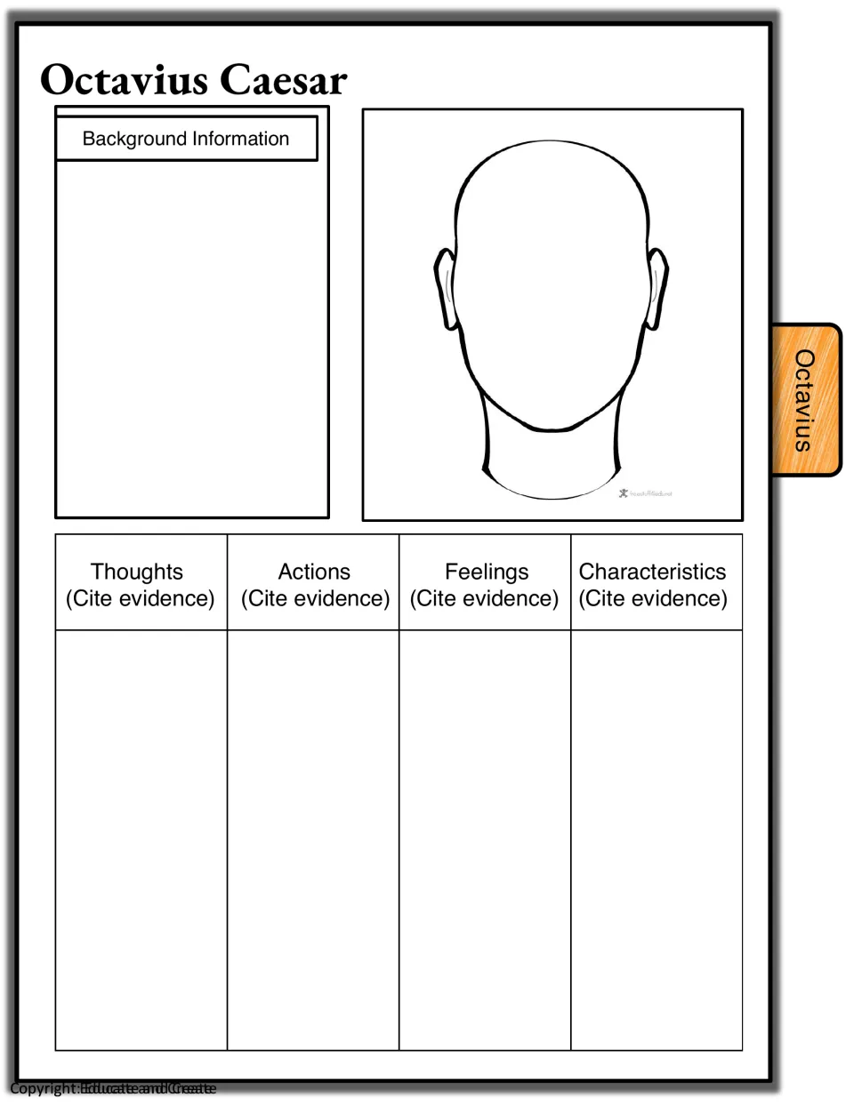 Octavius Caesar page: students record his background and cite text evidence for his thoughts, actions, feelings and traits