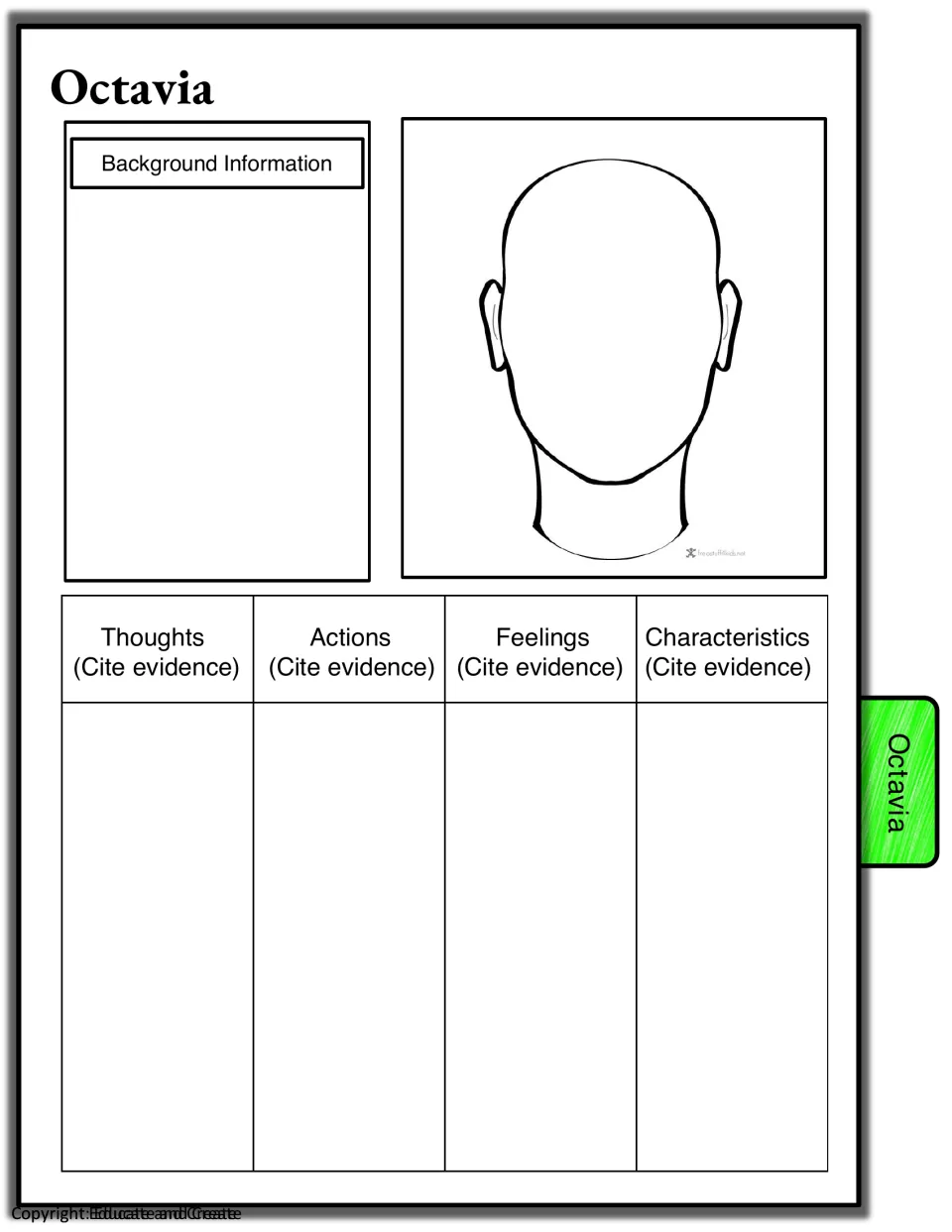 Octavia page: students fill in background facts, draw her and cite evidence of what she thinks, does and feels in the play