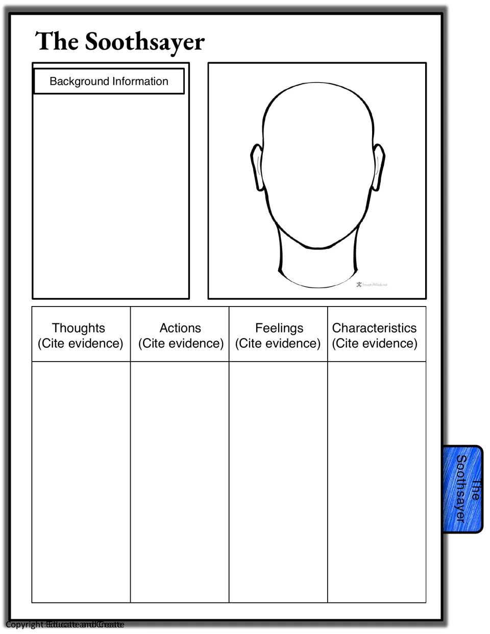 The Soothsayer: students record this character's background and cite evidence of thoughts, actions, feelings and traits