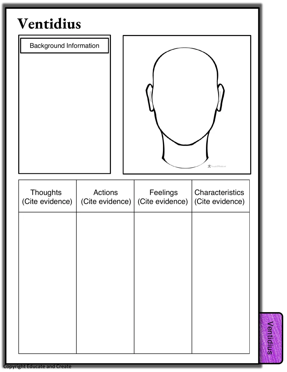 Ventidius characterization: students note his background, draw a portrait and cite lines showing his feelings and traits
