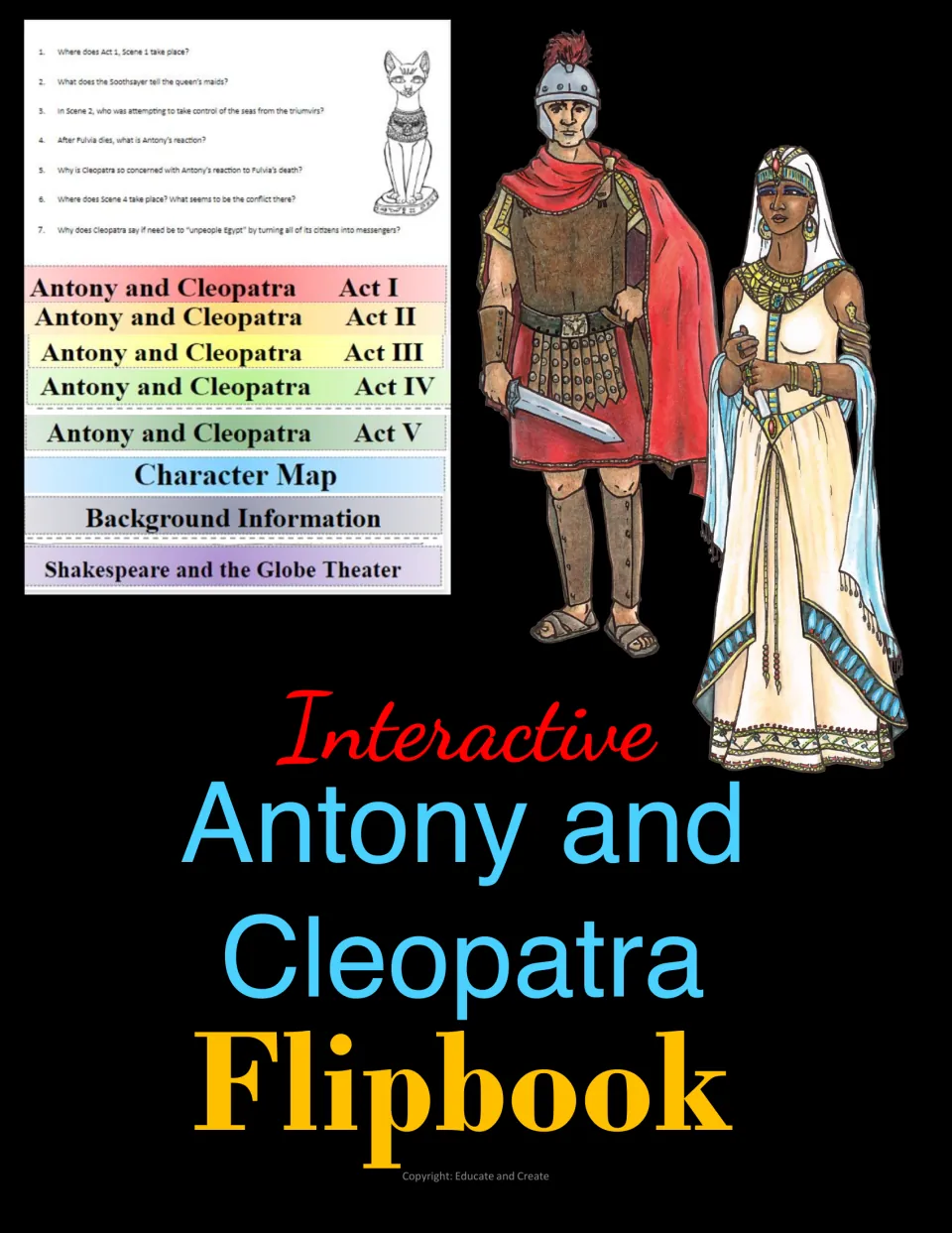 Interactive flipbook cover for the play showing tabs for Acts I to V, Character Map, Background Information and the Globe