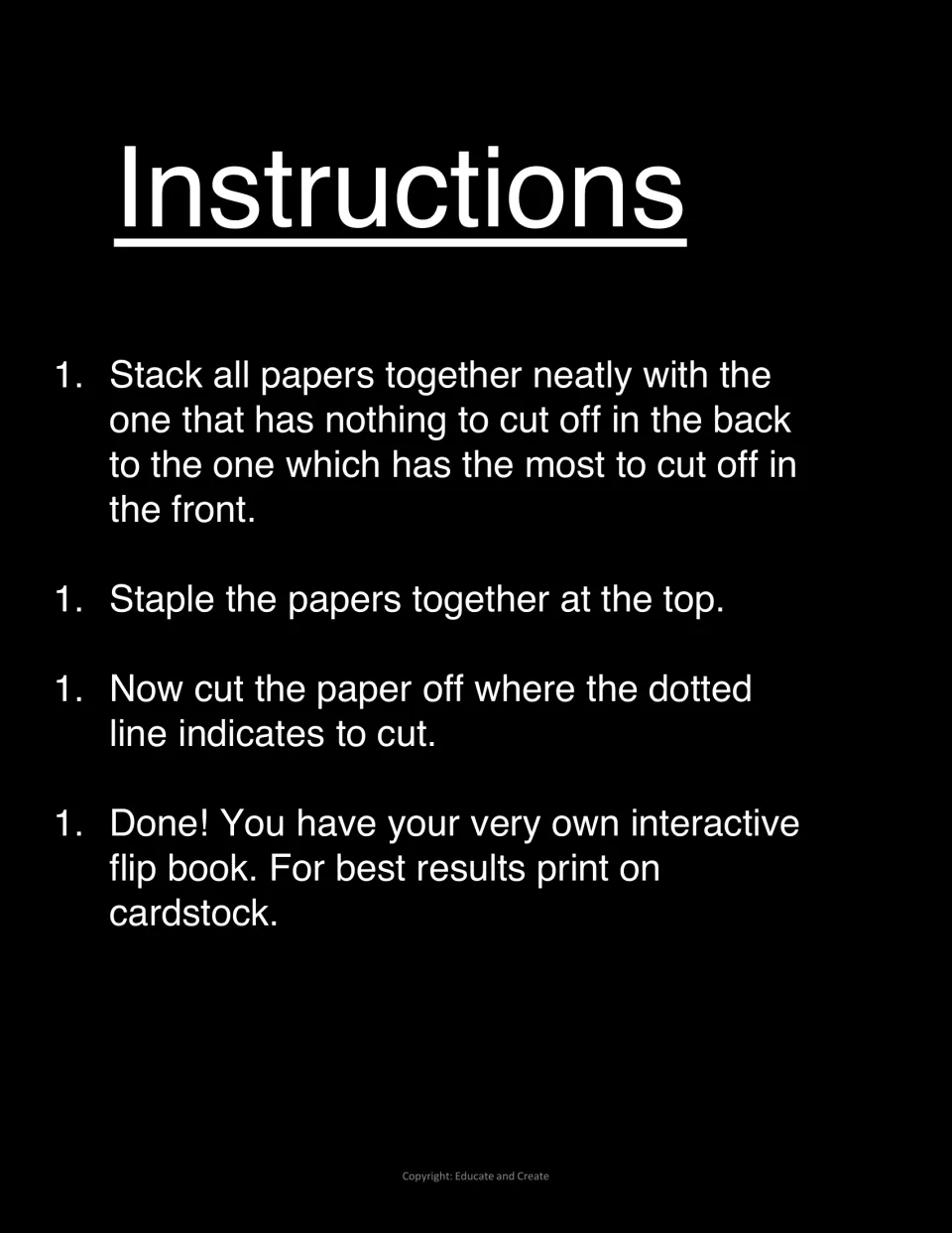 Flipbook assembly steps: stack pages from least to most to cut off, staple at the top, then cut along the dotted lines
