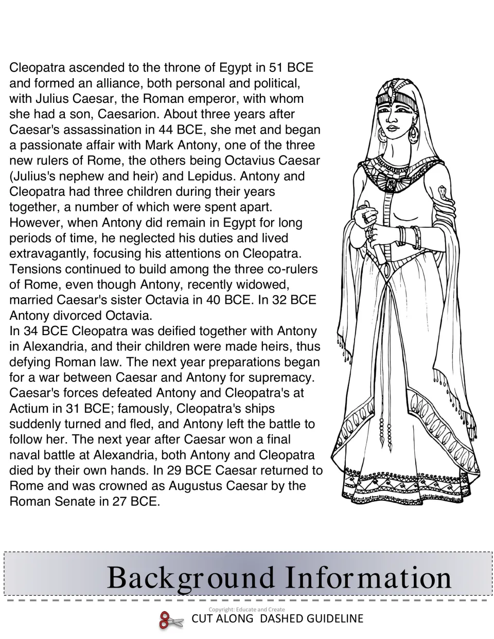 Background Information tab: history of Cleopatra, Julius Caesar and Mark Antony from 51 BCE through Actium to Augustus