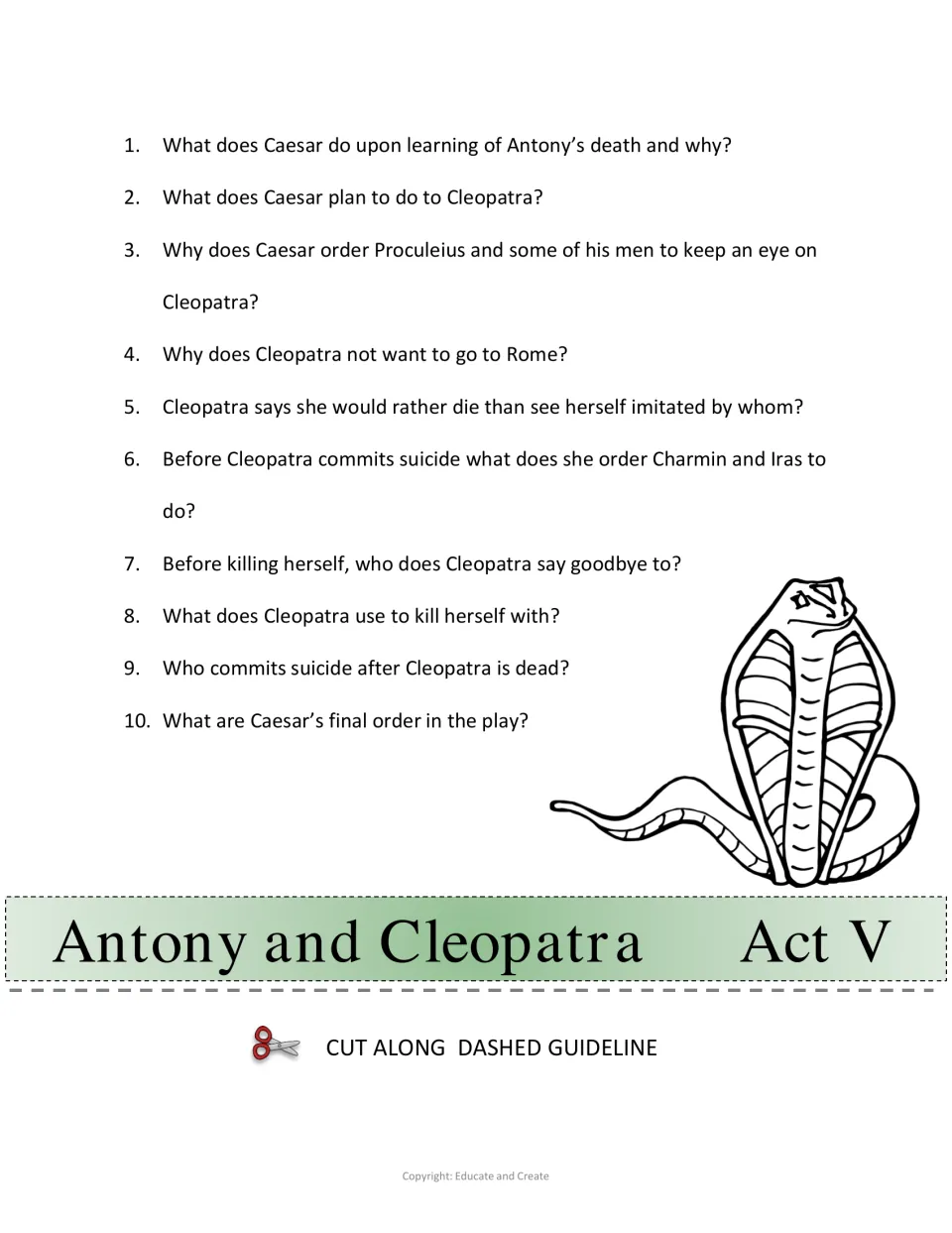 Act V comprehension questions: 10 items on Caesar's response to Antony's death, his plans and Cleopatra's final acts