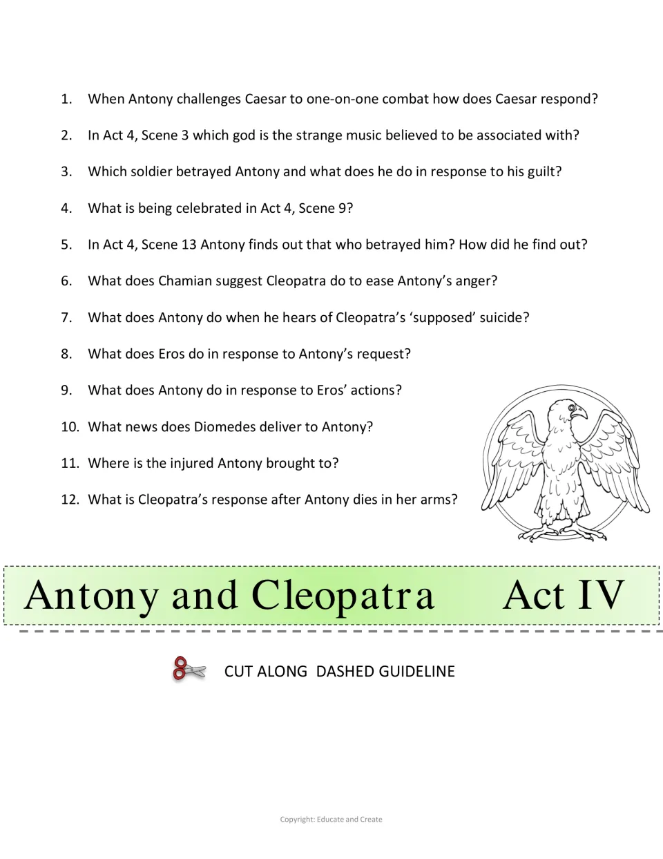 Act IV comprehension questions: 12 items on Antony's challenge to Caesar, a soldier's betrayal, Eros and Antony's death