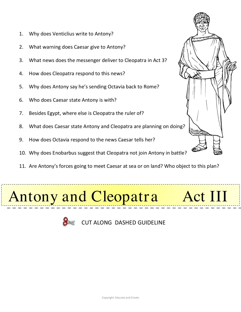 Act III comprehension questions: 11 items on Caesar's warning, Octavia's return to Rome and fighting Caesar at sea or land