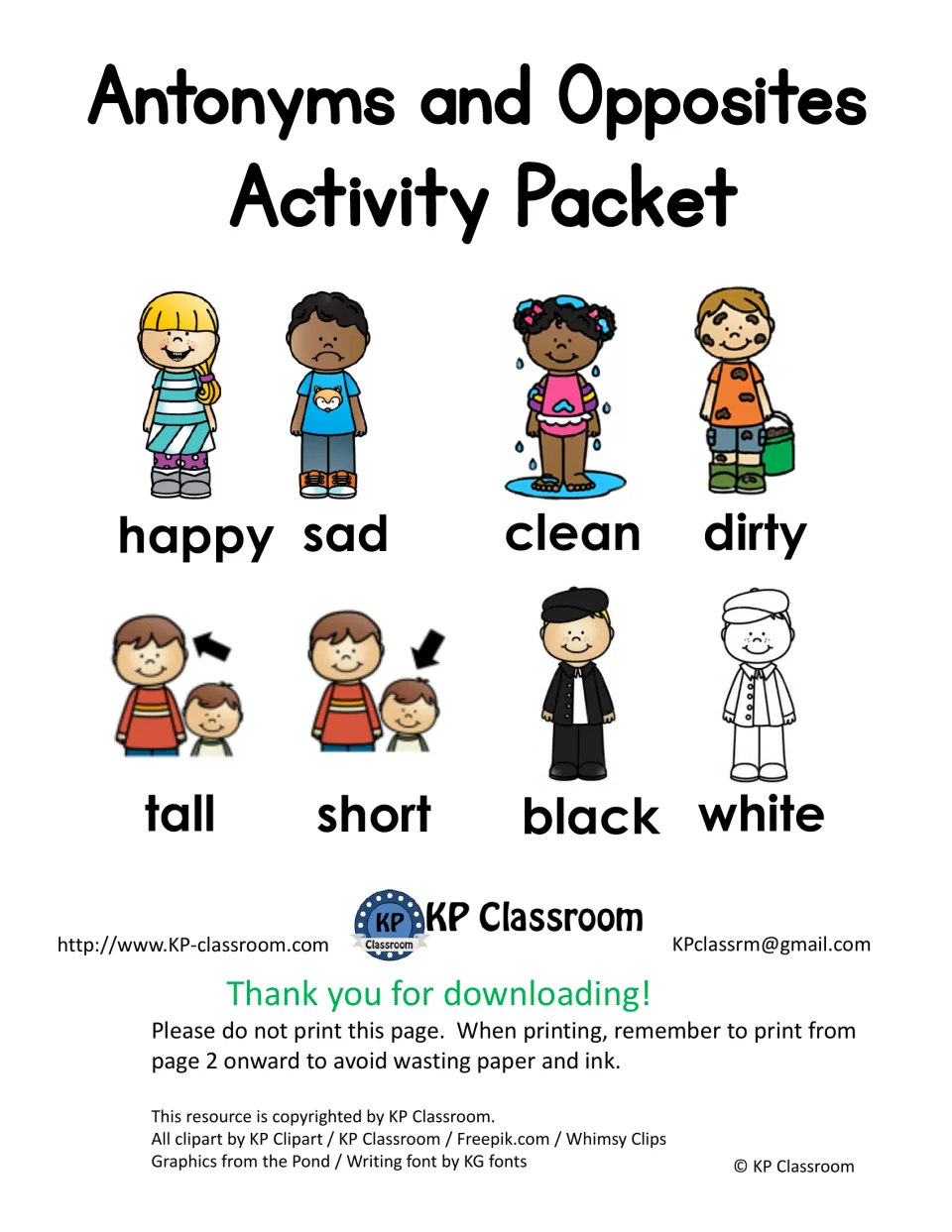 Antonym packet cover illustrating happy/sad, clean/dirty, tall/short, and black/white word pairs