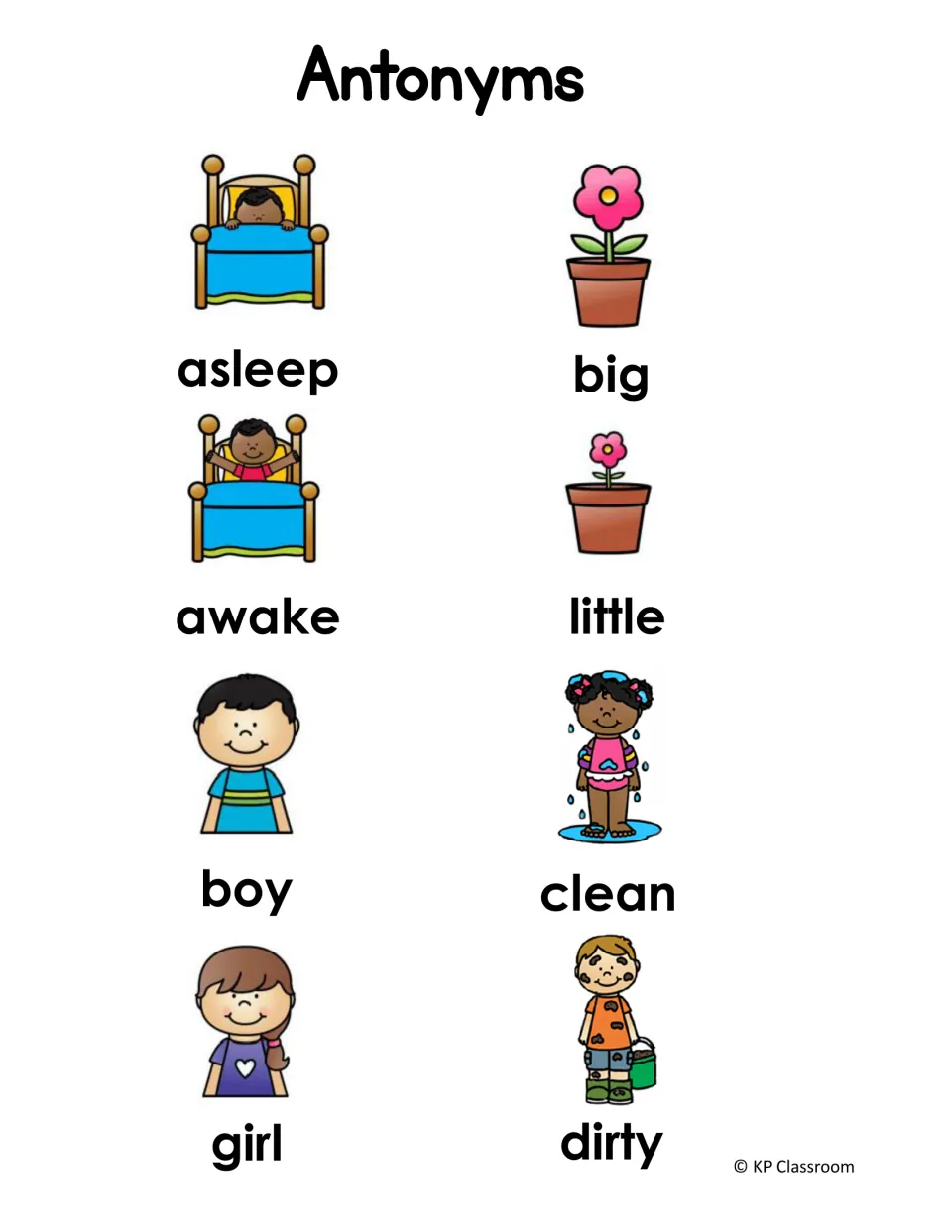 Illustrated antonym reference sheet 1 showing asleep/awake, big/little, boy/girl, and clean/dirty
