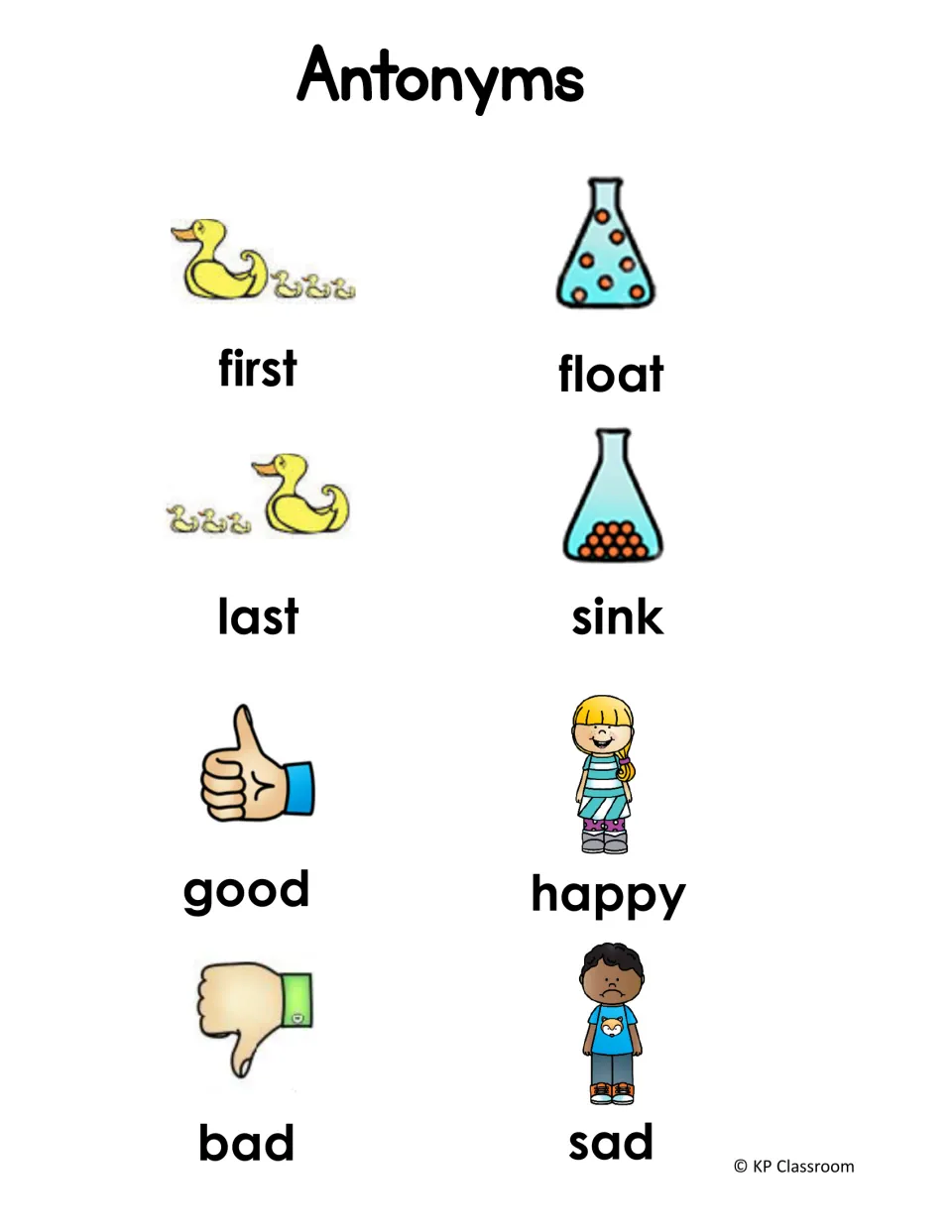 Illustrated antonym reference sheet 3 showing first/last, float/sink, good/bad, and happy/sad