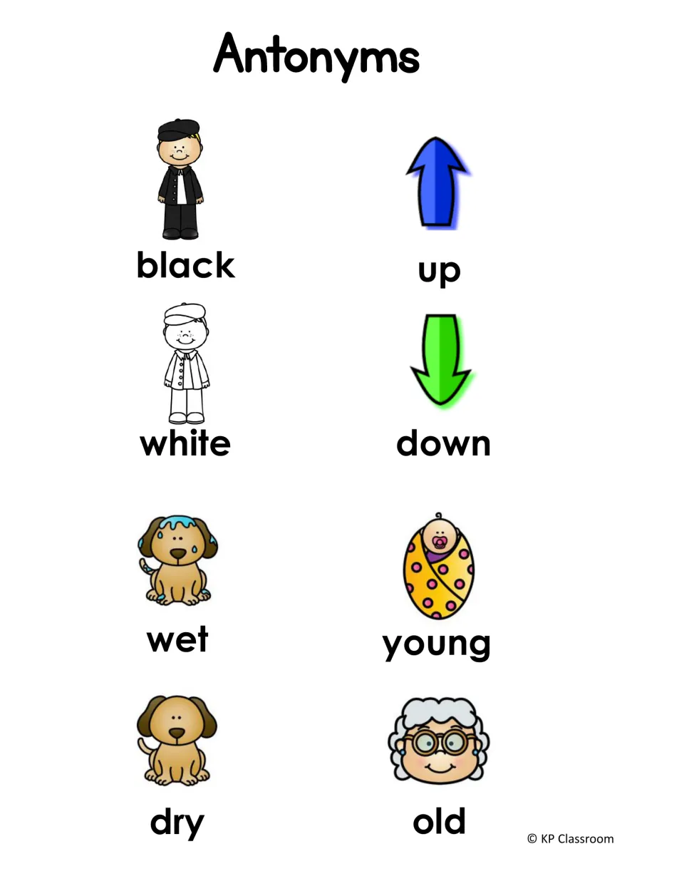 Illustrated antonym reference sheet 7 showing black/white, up/down, wet/dry, and young/old