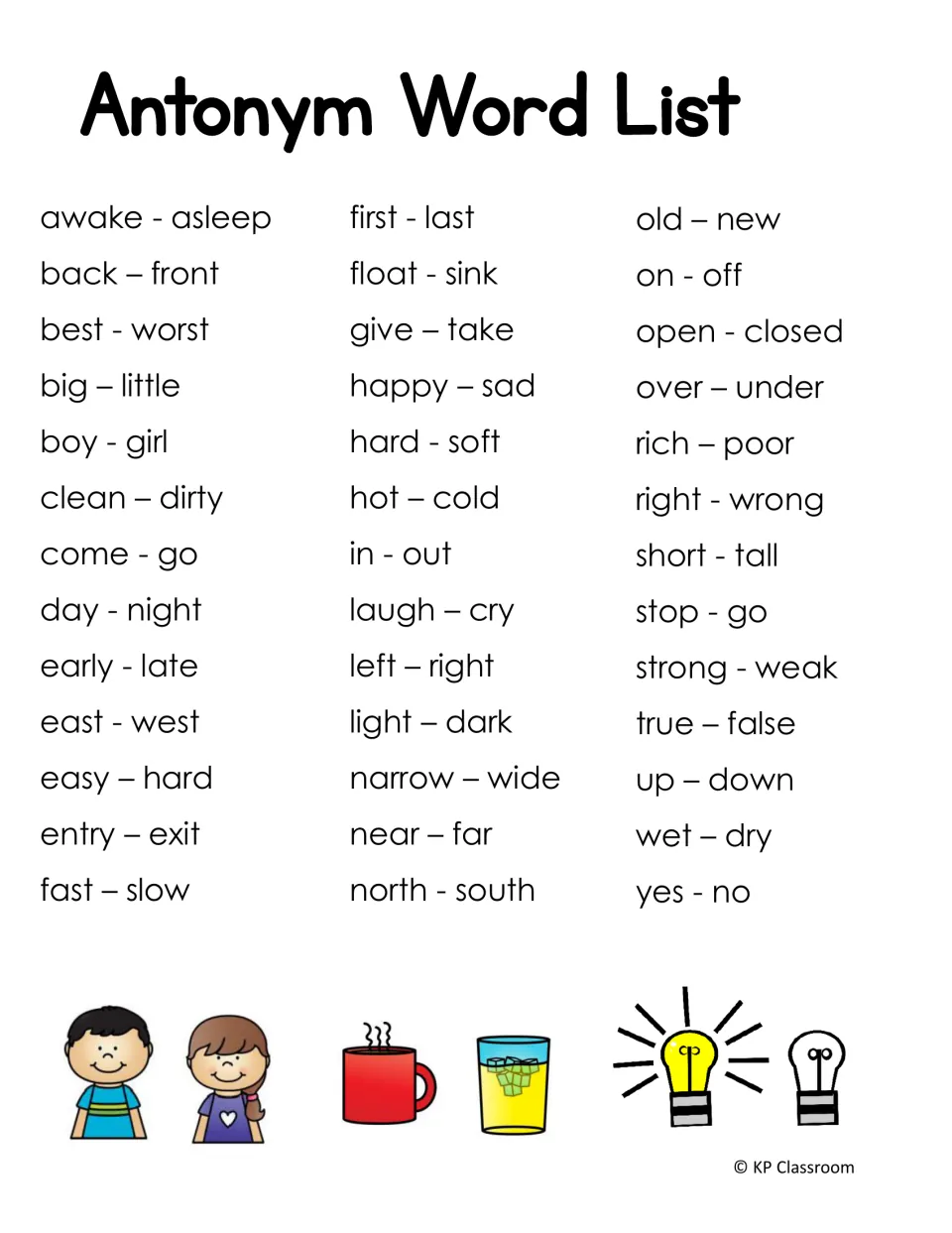 Antonym word list containing 39 pairs, including awake/asleep, back/front, best/worst, and yes/no