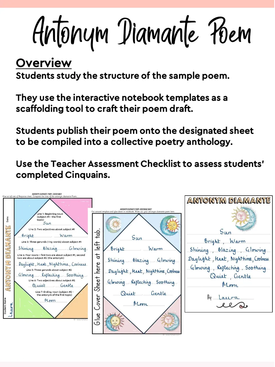 Antonym diamante poem overview: study a sample, draft in notebook templates, publish for a class anthology