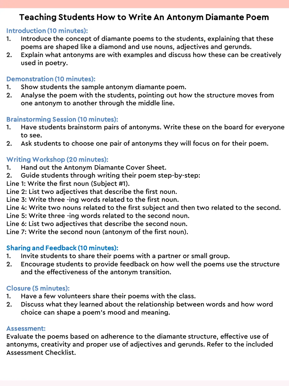 Lesson plan for writing antonym diamantes: timed intro, demo, antonym brainstorm, line-by-line workshop and sharing