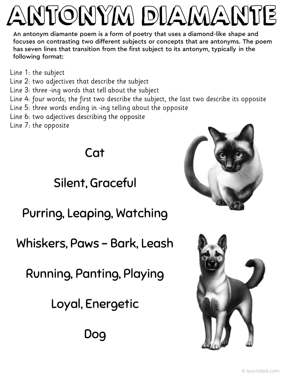Antonym diamante model in black and white: seven-line format explained, then a cat-to-dog poem with cat and dog drawings